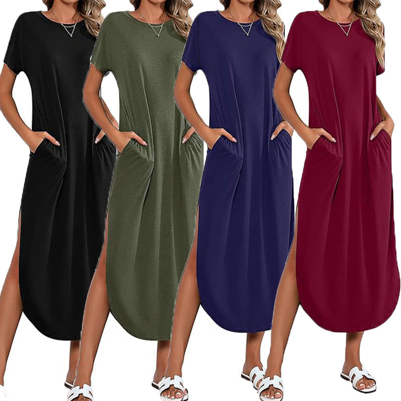 European and American Women's Short Sleeve Super Long dress Round Neck Casual Loose Split Long Summer Beach Shirt with Pocket European and American Women's Short Sleeve Super Long dress Round Neck Casual Loose Split Long Summer Beach Shirt with Pocket