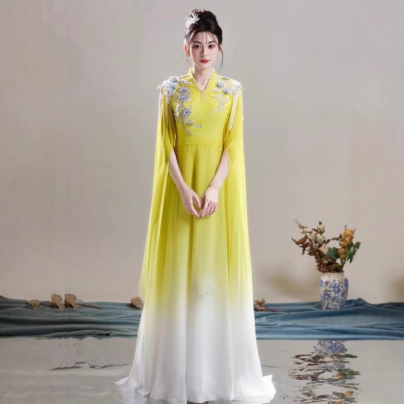 中国风大合唱演出服女长裙气质诗歌朗诵服装飘逸成人古筝演出服装|undefined