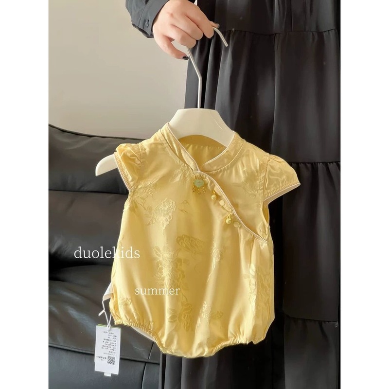 人丝婴儿旗袍爬服短袖包屁衣夏季女宝宝百天周岁礼服灯芯绒三角爬|undefined