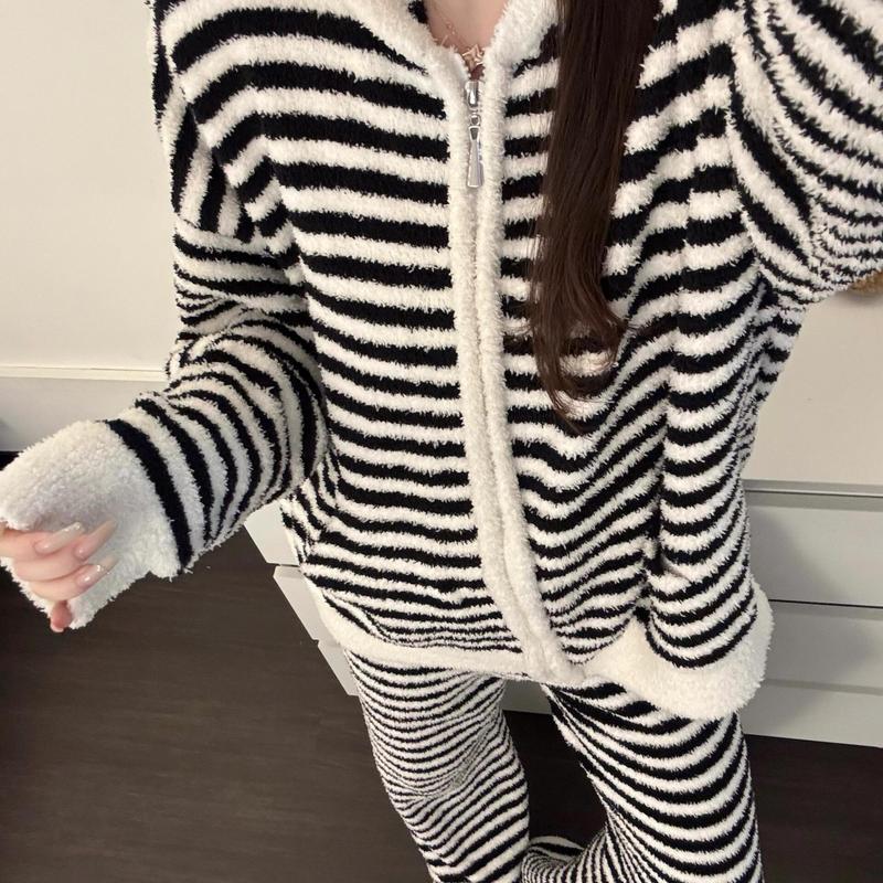【现货】慵懒风连帽开衫睡衣女士秋冬季2025新款半边绒套装居家服|undefined