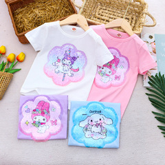 2024 Children's Summer Clothing New Girl's Short Sleeve T-Shirt Cartoon Color-Changing Glitter Cotton Base Shirt Top Dropshipping One Piece
