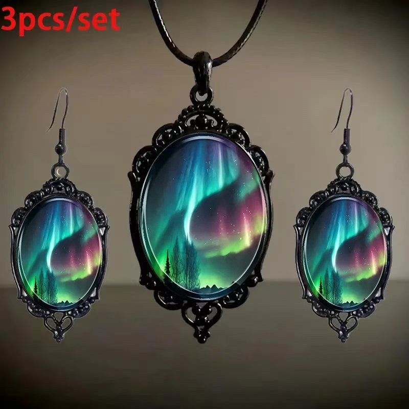 Exquisite Aurora Landscape Pattern Glass Pendant Necklace - Romantic Gift Jewelry with Inlaid Glass Decoration