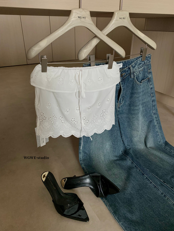 WGWE 夏の女性のフレンチピュアデザイナースタイル多用途痩身中空刺繍レースアップチューブトップ W6518|undefined