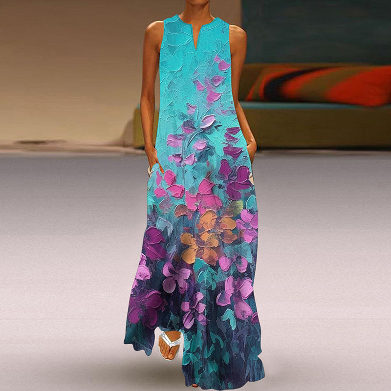 2026 New Summer Women's Sleeveless V-Neck Printed Sexy Dress Long Skirt European and American Cross-Border Foreign Trade Women's Clothing 2026 New Summer Women's Sleeveless V-Neck Printed Sexy Dress Long Skirt European and American Cross-Border Foreign Trade Women's Clothing
