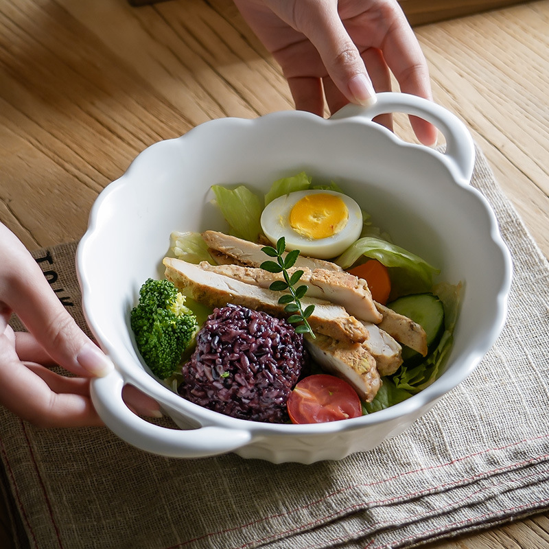 Vajilla de estilo japonés en relieve doble oído tazón de cerámica hogar tazón de alto grado en línea celebridad tazón de polvo de Caracol al por mayor ligeramente defecto