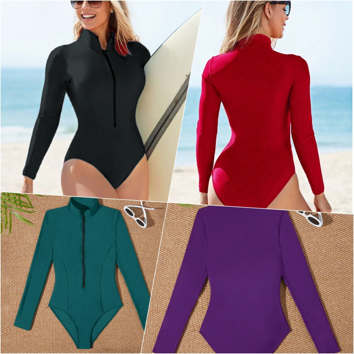 Foreign trade sunscreen long sleeve one-piece swimsuit bikini beach swimming conservative zipper long sleeve triangle swimsuit bikini