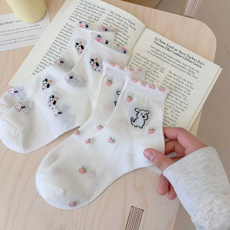骨なしの白い子犬のメッシュの靴下の子供の中筒の靴下のinsの潮の蝶結びの春夏の薄いモデルのアニメのかわいいソックス|undefined