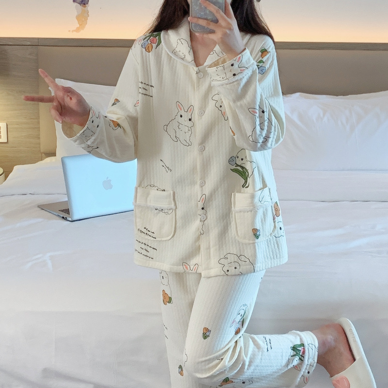 Japonés de dibujos animados pijamas las mujeres del otoño y el invierno Nuevo Aire sándwich algodón manga larga cardigan más tamaño flojo traje homewear