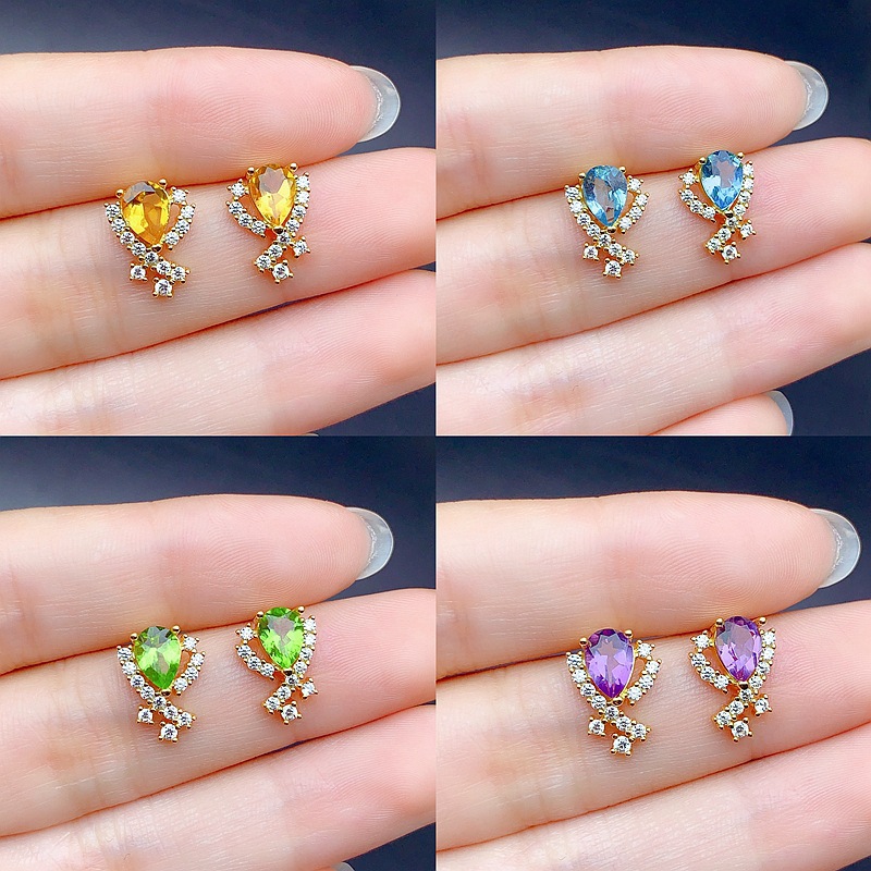 New Arrivals: S925 Sterling Silver Water Drop Earrings Inlaid with Various Natural Gemstones, Exquisite and Elegant, High-End Wholesale Live Sale