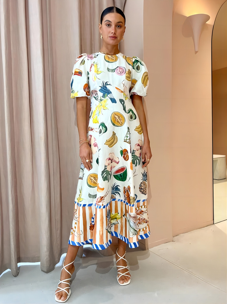 315g Weight Midi Dress Dress Length Type Short Sleeve Sleeve Length Swing Dress Dresses Type Wholesale Women's Casual Printing Fruit Street Round Neck Short Sleeve Swing Dress