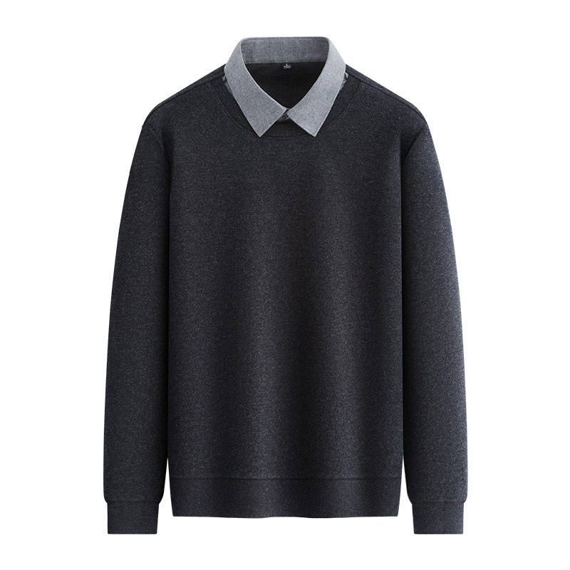 Men's solid-color, versatile, casual, and business-style knitted sweater with a faux two-piece shirt collar, made from wool, and featuring a fleece lining for added warmth, perfect for autumn and winter