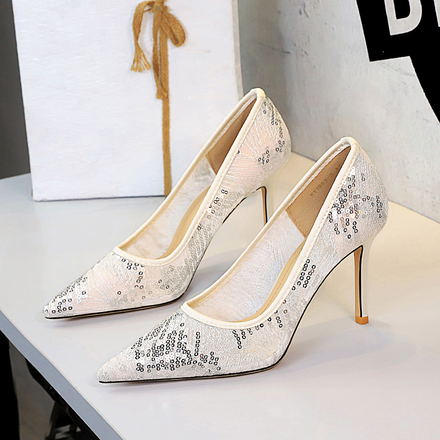 1963-5 European And American Style Fashionable Elegant High Heel Women's Pointed Toe Shallow Mouth Sequin Lace Mesh_vogvips.com