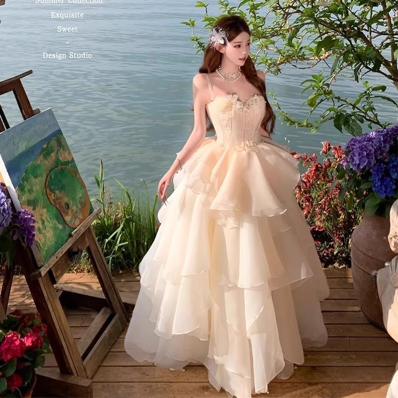 Fairy-Style Evening Dress 2026 New Champagne Color High-End Student Daily Wear Adult Ceremony Party Princess Cake Dress Fairy-Style Evening Dress 2026 New Champagne Color High-End Student Daily Wear Adult Ceremony Party Princess Cake Dress