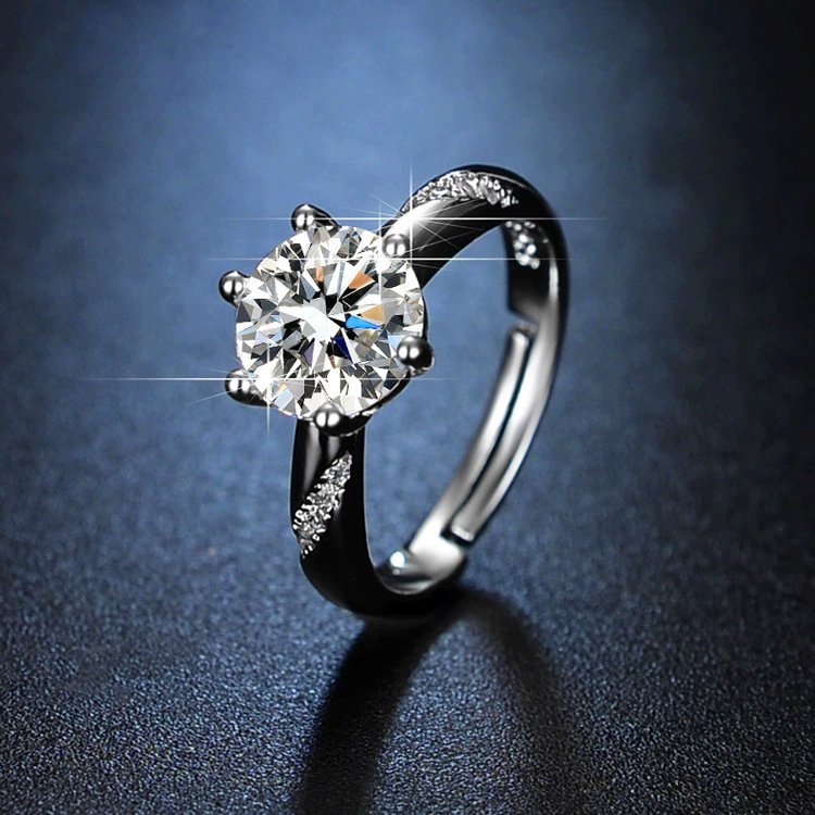 Ring one carat, adjustable open band with AAA zirconia, silver-layer plating
