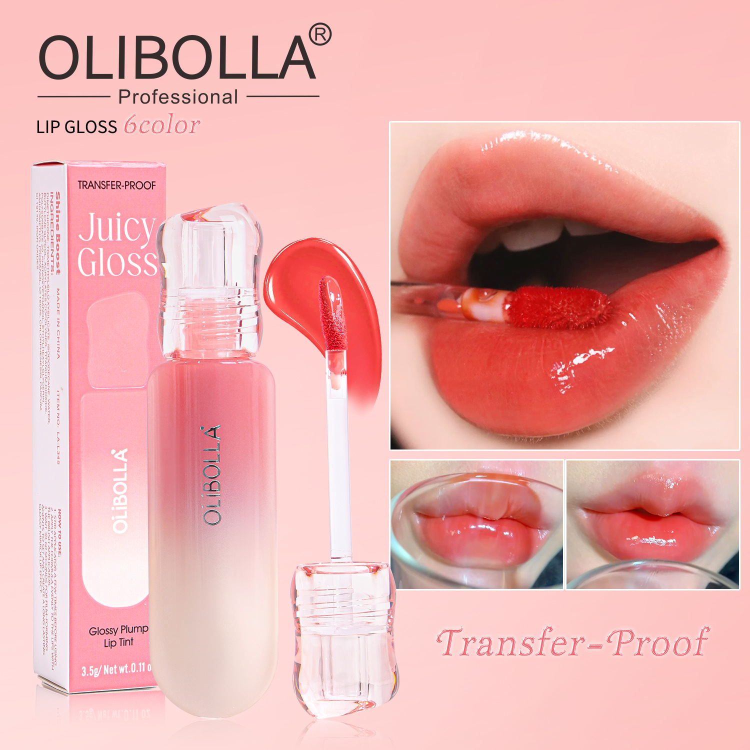 Olibolla Cross-Border Water Gloss Lip Glaze 6 Colors Mirror Glass Lip Gloss Lip Plumping Non-Stick Cup Foreign Trade Makeup Wholesale