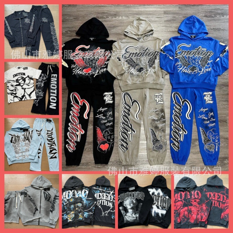 MIXED EMOTION trendy street hip-hop rhinestone white ink direct-print long-sleeve T-shirt zip-up hoodie unisex jacket
