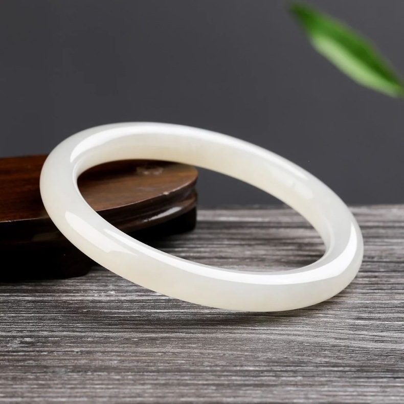 Vòng tay ngọc bích Tân Cương tự nhiên dạng Dingdong dải mỏng mỡ cừu — Vòng tay Dingdong khoảng 7mm để gửi giấy chứng nhận túi quà hộp quà chi tiết 2