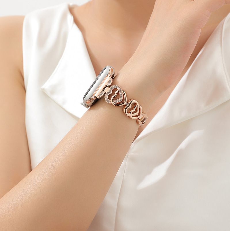 Double Heart-Shaped Diamond-Encrusted Apple Metal Watch Band Is Suitable for All Series of Apple Watch 7/8/9/10