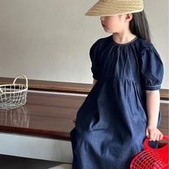 韓國童裝2024韓版春季夏款女童中小童氣質燈籠袖薄牛仔連衣裙童裙