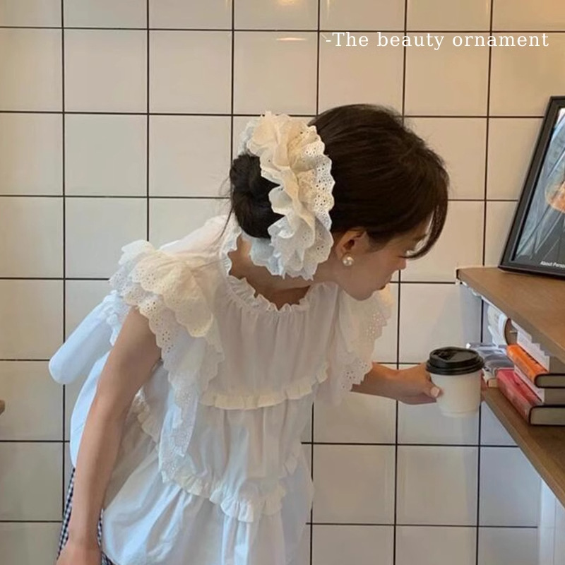 Francés de doble capa de encaje blanco anillo de cabello de intestino para niñas atado correa de cabello de alta sensación de cabello de niños red tocado rojo