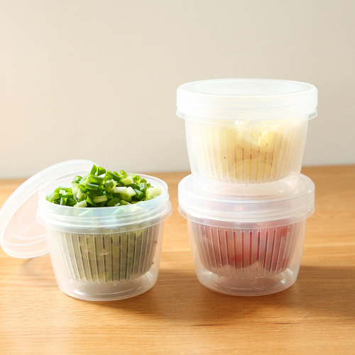 葱花保鲜盒姜蒜水果收纳盒圆形透明双层沥水密封盒冰箱密封保鲜碗