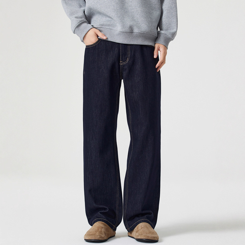 Kuvine Autumn and Winter Loose Straight-Leg Fleece-Lined Raw Denim Jeans for Men, Cleanfit American High Street Wide-Leg Pants