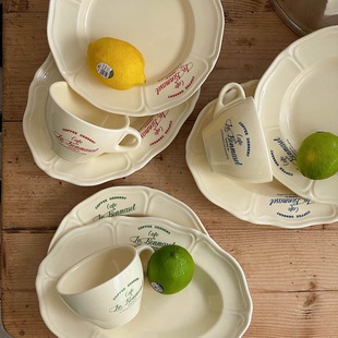 Korean ins Style Vintage French Ceramic Cream Color Western-style Pasta Dessert Cake Plate Oval Dinner Plate Coffee Cup