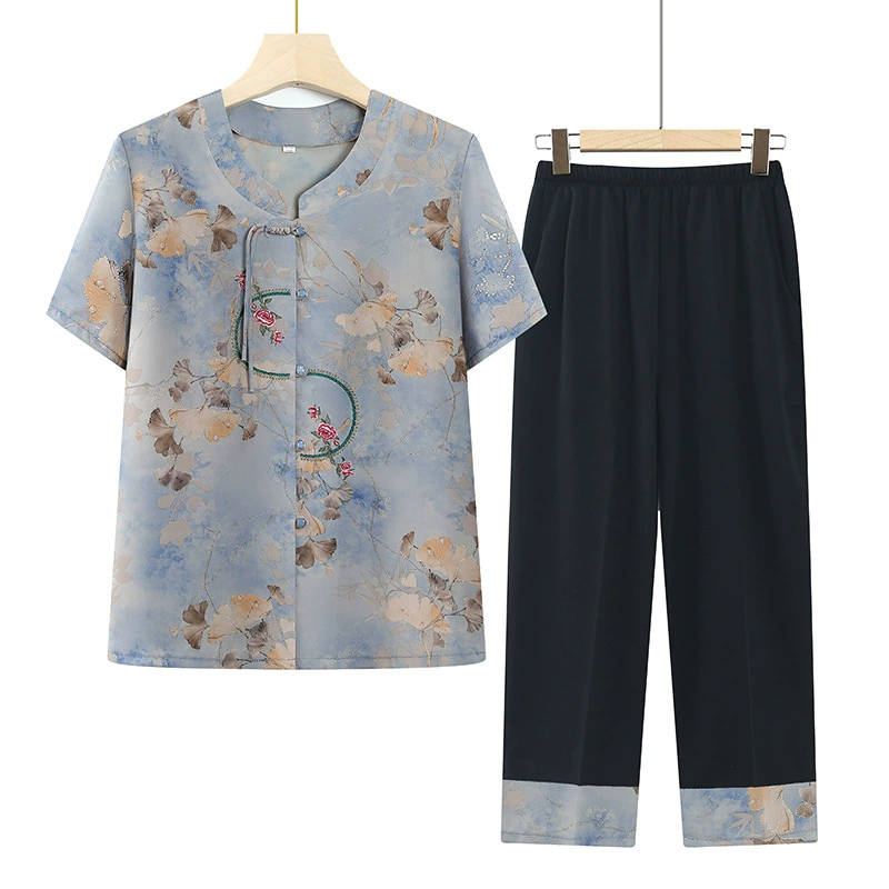 Летний набор кардиган с короткими рукавами свободный средний и пожилой принт бабушка мама иностранная отдых