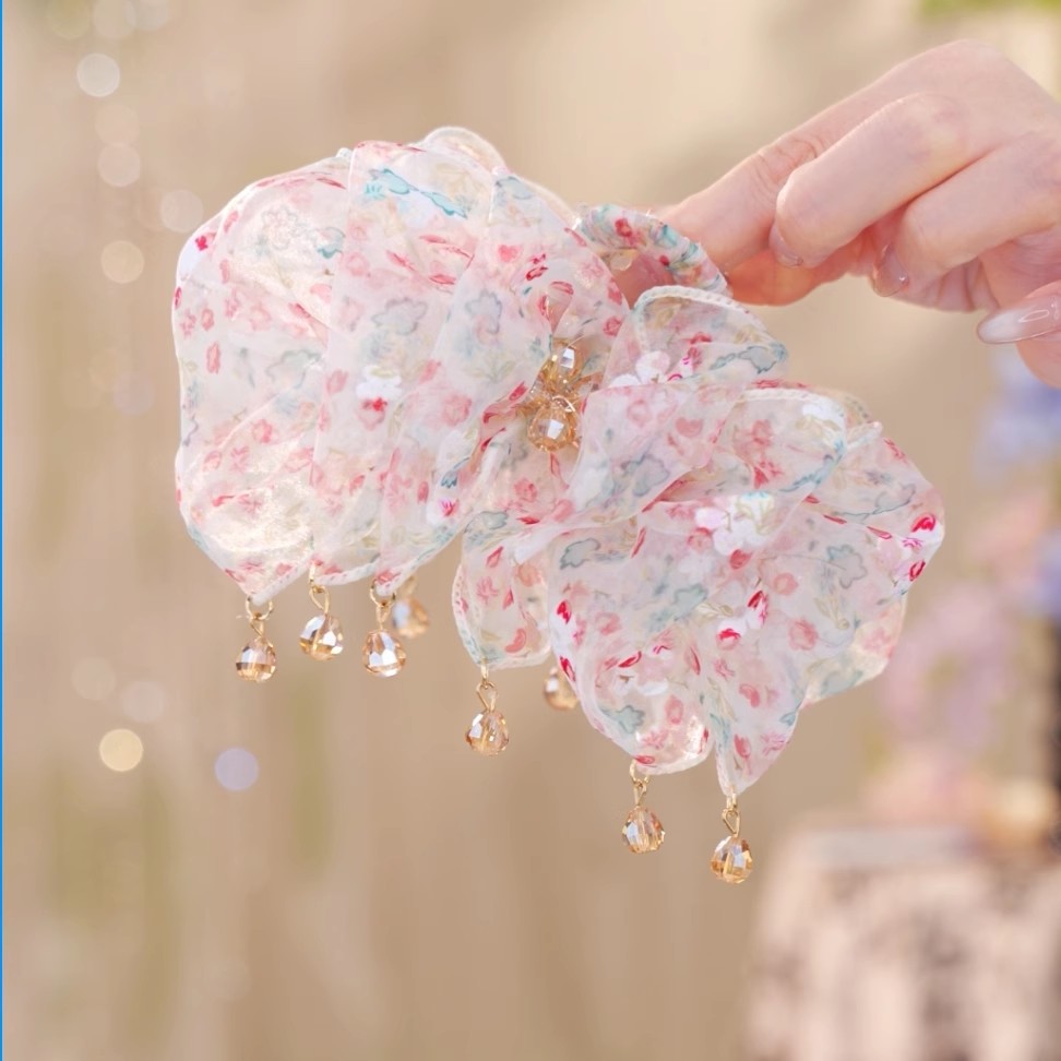 2025 Summer New Floral Pendant Hair Clip with Organza Bow Hair Accessory and Crystal Hairpin, Showcasing a High-End and Elegant Look