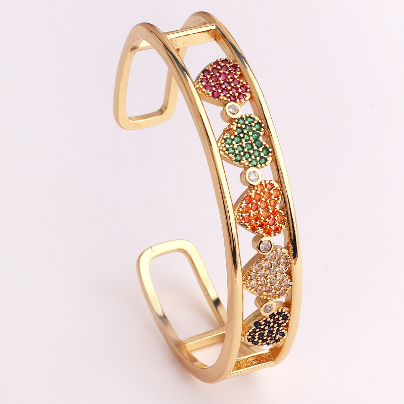 Retro Letter Heart Shape Copper Inlay Zircon Bangle