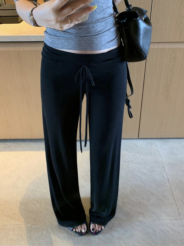 抽绳系带垂垂裤女2025新款针织垂感松弛慵懒风显瘦直筒窄版休闲裤|undefined