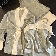 国风温婉青色冰丝带胸垫睡衣女春秋季大码吊带新中式家居服三件套