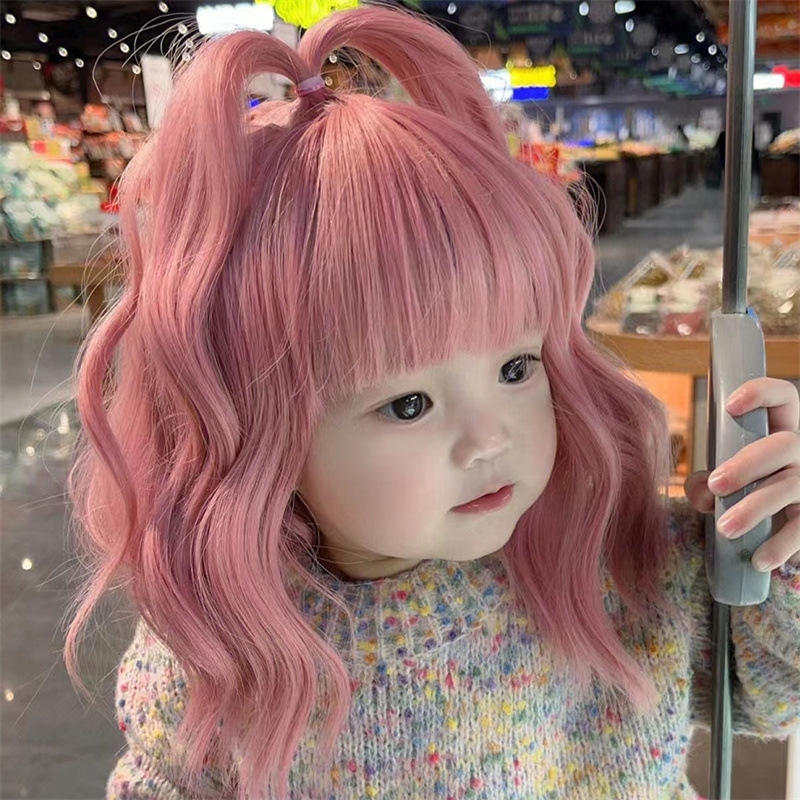 Children's Wig Women's Pink Medium Long Curly Hair Air Bangs Cute Princess Micro Roll Full Head Cover Bjd Doll Wig Children's Wig Women's Pink Medium Long Curly Hair Air Bangs Cute Princess Micro Roll Full Head Cover Bjd Doll Wig