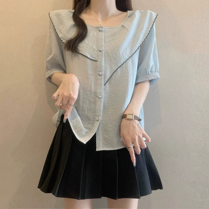 Женская рубашка с короткими рукавами нерегулярной формы, светло-голубая, с рюшами на правом плече, лето 2025, новый шифоновый топ большого размера, мм