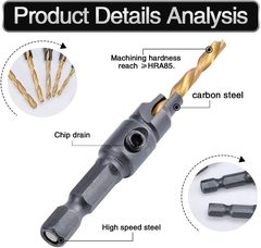 5PC Counterbore Drill with Hex Shank, Wood Counterbore Drill, Combo Counterbore and Chamfer Drill