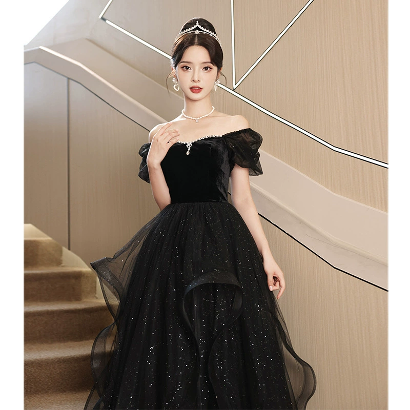 Black elite evening dress, French style, high‑quality finish, sizes XS–XXL