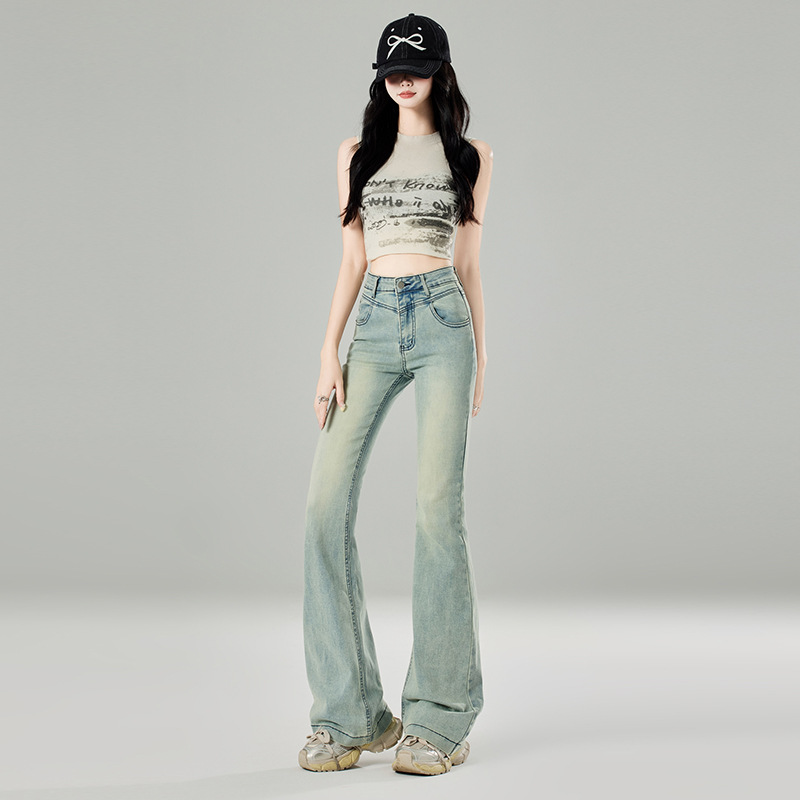 라이트 블루 WEILAR JEANS 여자 2024 년 여름 얇은 작은 높은 허리 올매치 슬림 핏 말굽 플래 팬츠