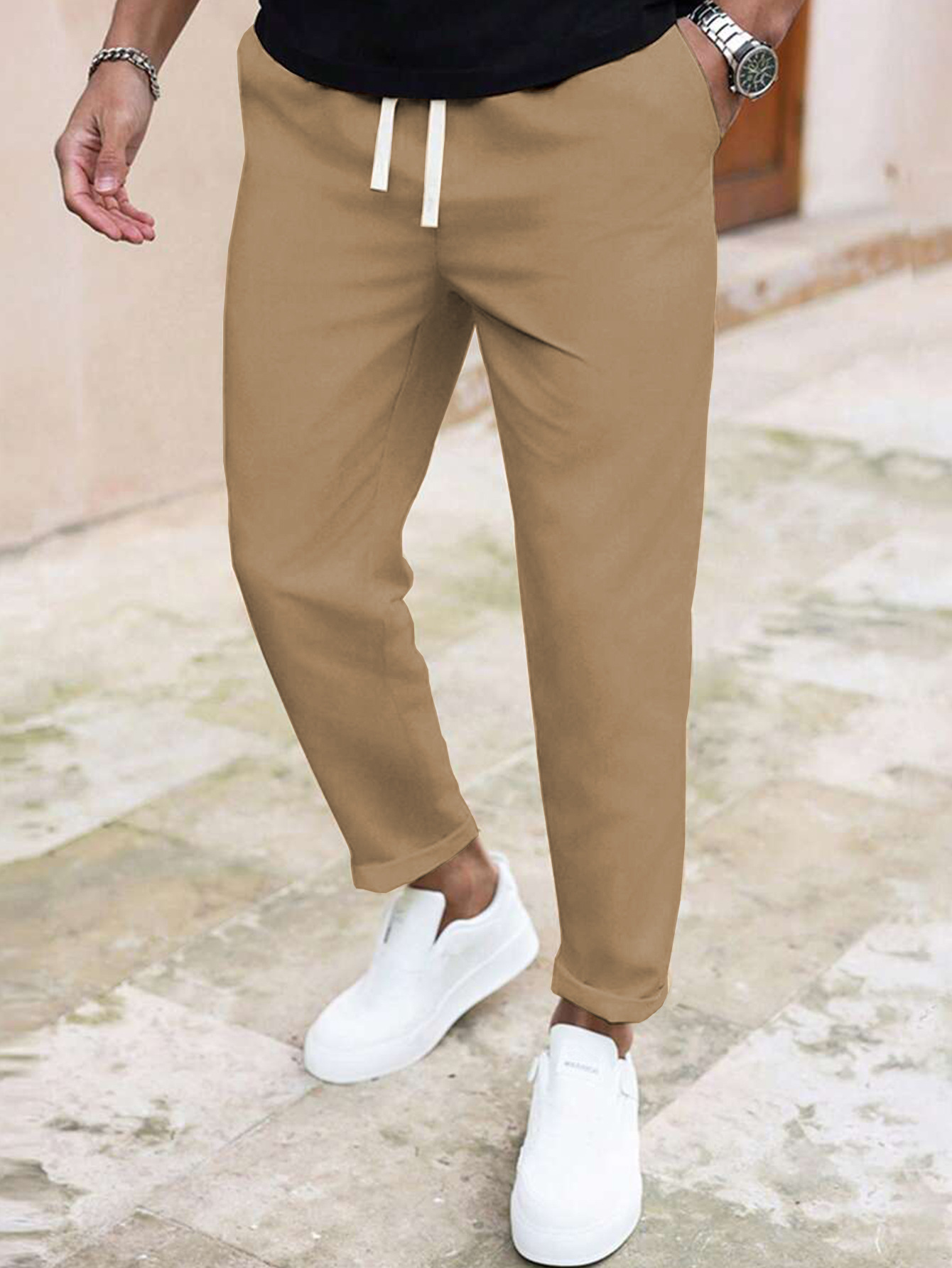 ​​"Men's Slim Fit Casual Pants - Solid Color Drawstring Waist, Lightweight Polyester For Everyday Comfort & Street Style"​​_viptrois.com