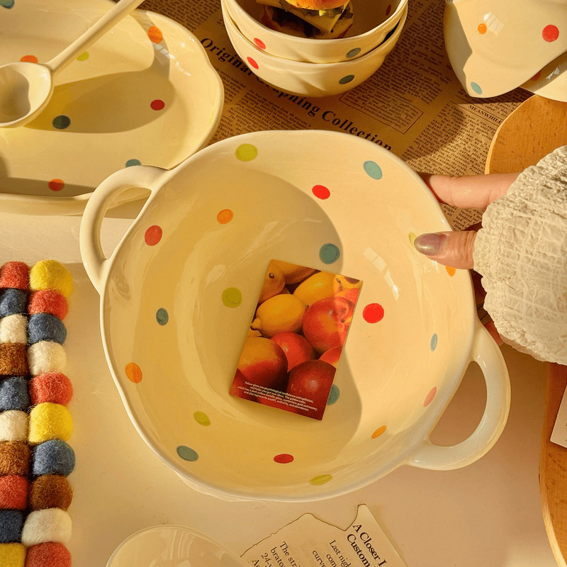 Dopamine Polka Dot Cream Ceramic Dinnerware Set, High Aesthetic Ceramic Bowls and Plates, Large Soup Bowl, Snail Noodle Bowl, Underglaze Color Dopamine Polka Dot Cream Ceramic Dinnerware Set, High Aesthetic Ceramic Bowls and Plates, Large Soup Bowl, Snail Noodle Bowl, Underglaze Color