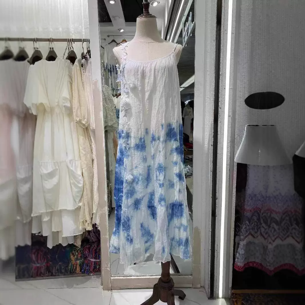 大理手工扎染蓝染吊带连衣裙旅游度假复古民族风板蓝根小雏菊长裙