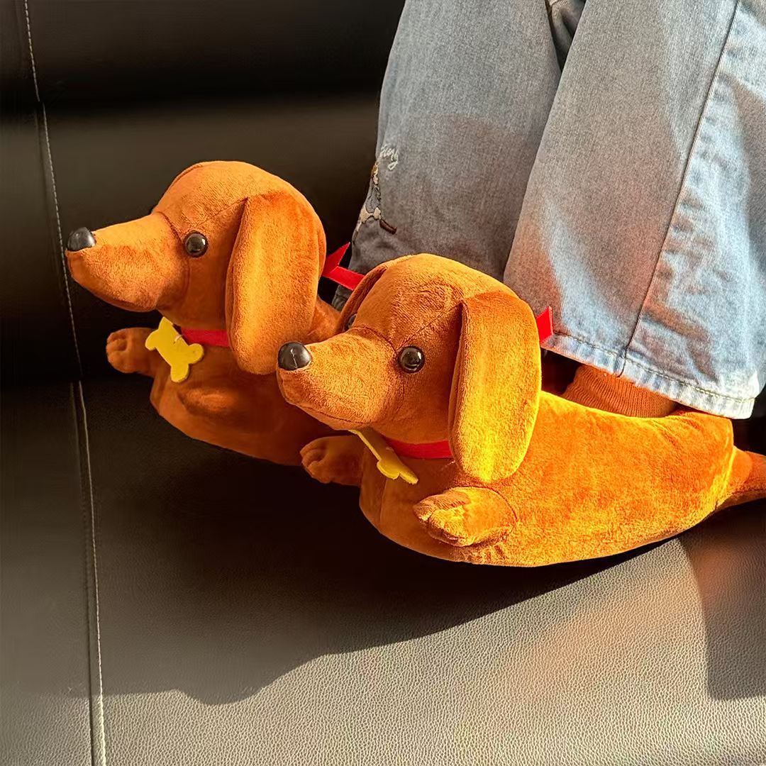 跨境新品 Dachshund plush slippers腊肠犬居家卧室冬季毛绒拖鞋
