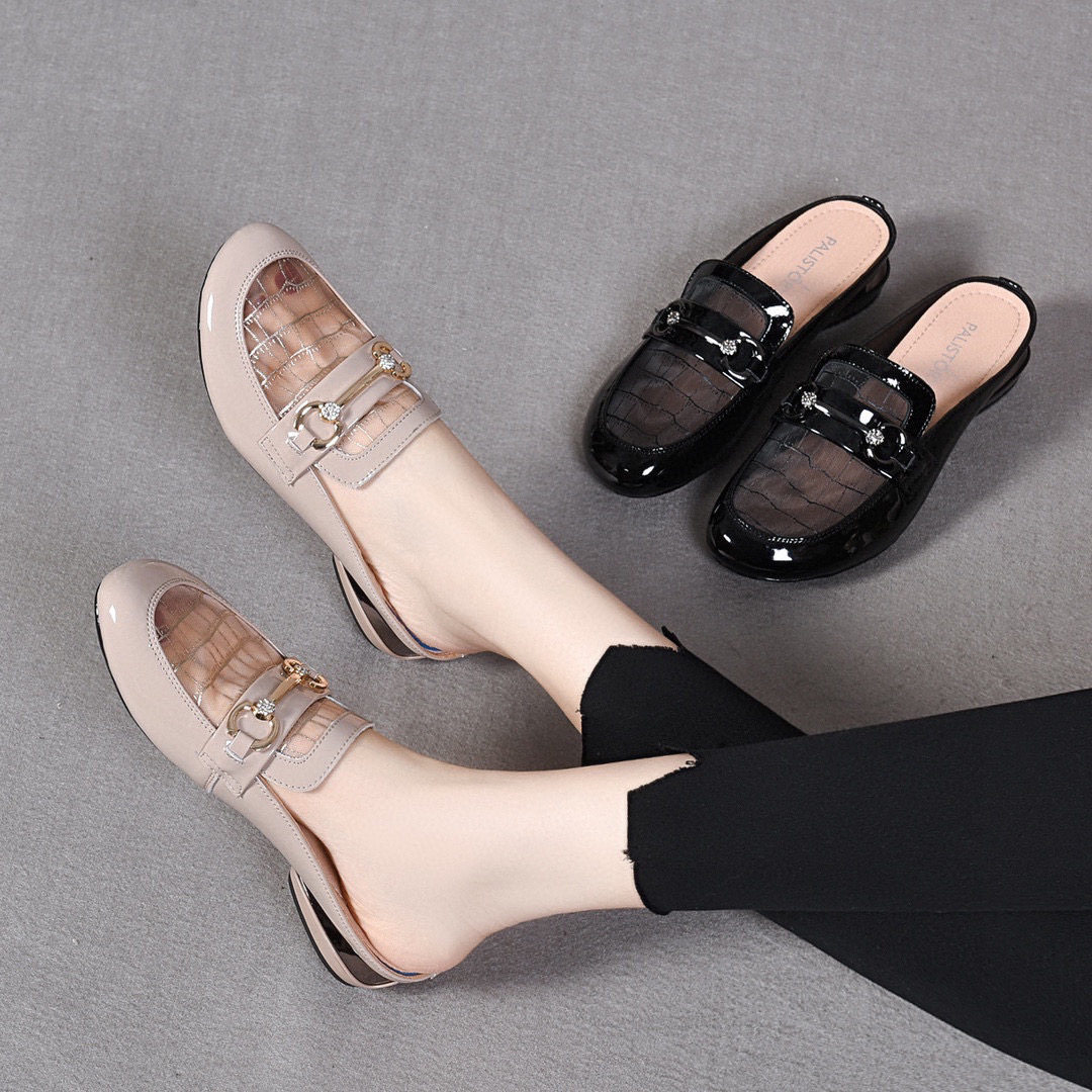 Dép sandal nữ mũi tròn da thật phong cách Anh, gót thấp 4.5 cm, quai chữ V đơn giản — Màu đen: 4.5cm