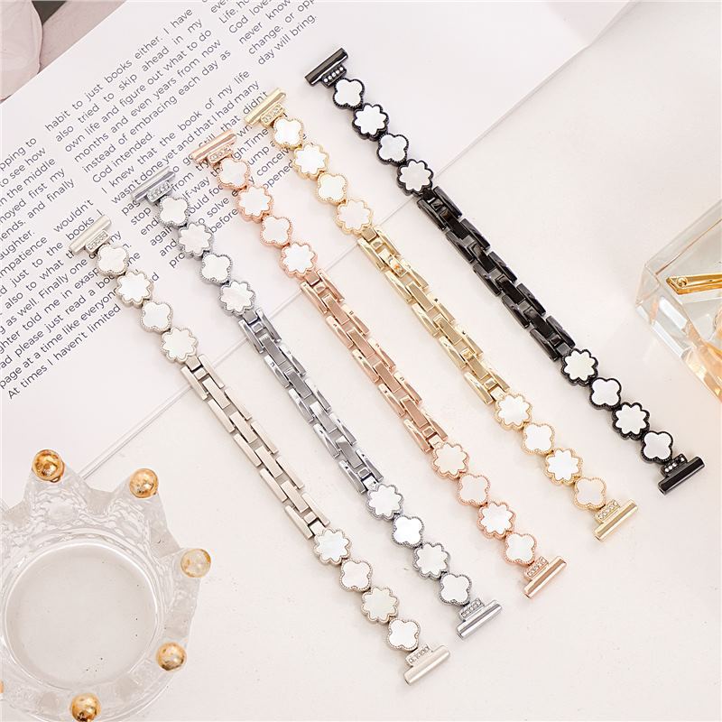 Suitable for Applewatchs10 Diamond-Encrusted Metal Four-Leaf Clover Mother-Of-Pearl Apple Watch Strap Iwtchs987Se Female