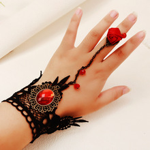 暗黑蕾丝红宝石手背链布艺玫瑰花链条连指手链欧美万圣节派对手饰