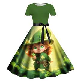 2023跨境新款圣帕特里克节绿衣矮人图案连衣裙