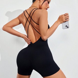 Cross-Border European and American Seamless Knitted Sexy Back One-Piece Women's Fitness Pilates Breathable Nude Sports Yoga Clothes