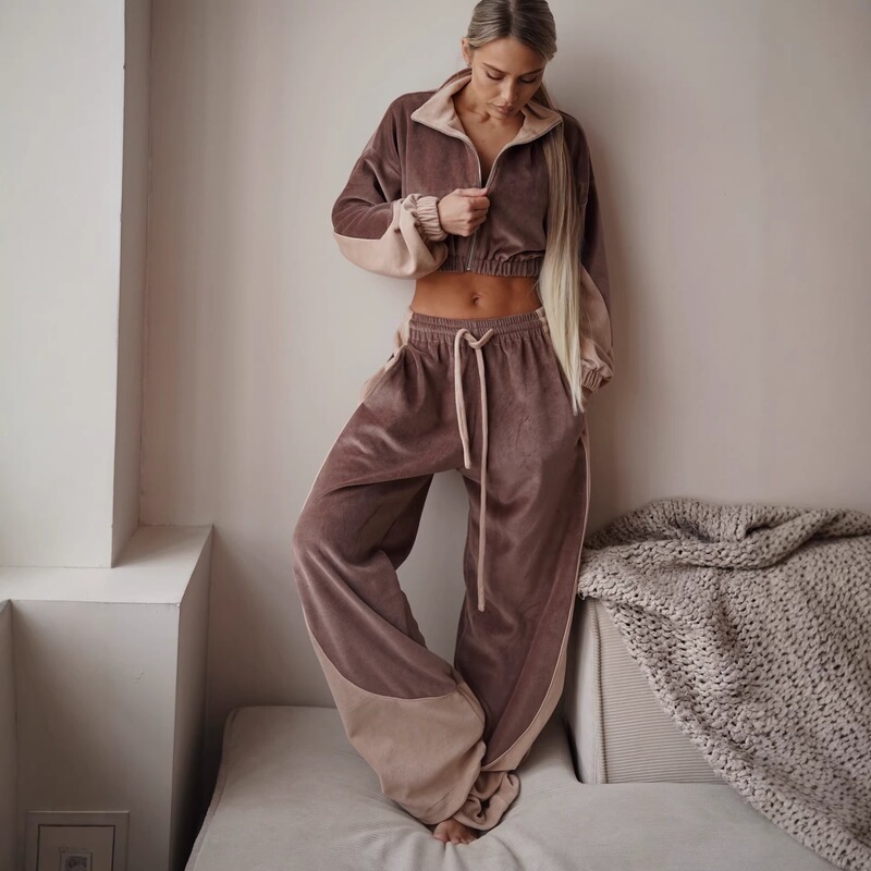 2026 New Cross-Border Casual Women's Suit Velvet Color-Blocking Pocket Long-Sleeve Jacket with Tie-Up Pants Two-Piece Set
