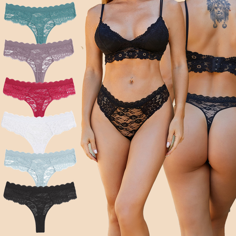 FINETOO cross-border hot selling pattern translucent mid-waist women's briefs sexy women's lace thong