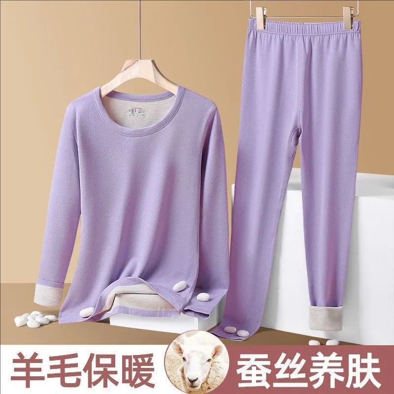 Couple's Wool and Silk Thermal Underwear Set, Winter Thickened Fleece-Lined Base Layer Ab Double-Layer Brushed