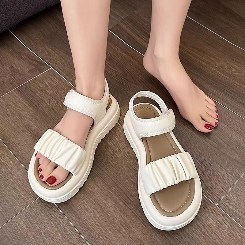 Sandalias de cuero suave de fondo grueso para mujeres de verano 2026 nuevo velcro con falda anti-derrapante zapatos romanos